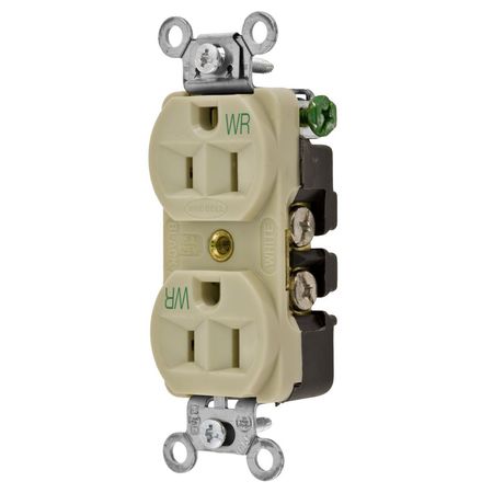 HUBBELL WIRING DEVICE-KELLEMS Straight Blade Devices, Weather Resistant Receptacles, Duplex, Commercial/Industrial Grade, 2-Pole 3-Wire Grounding, 15A 125V, 5-15R, Ivory 5262IWR